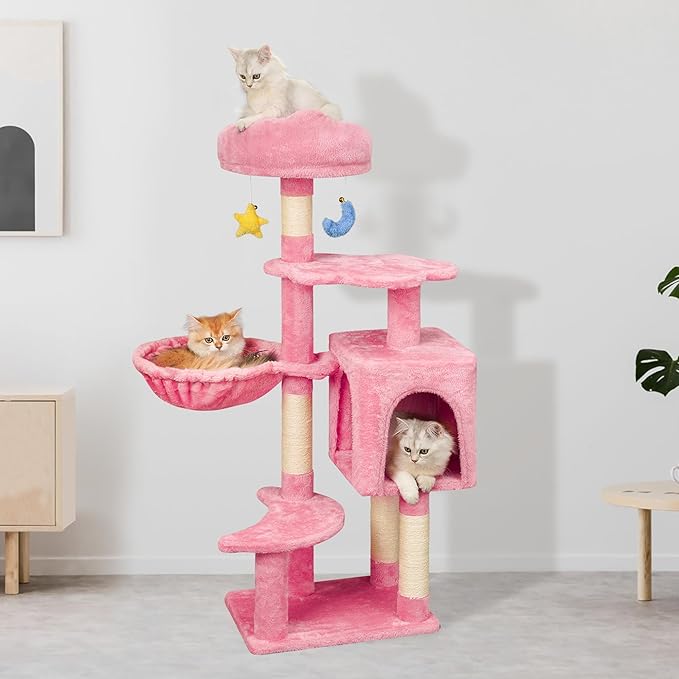 43-Inch Cat Tree,Cute Cloud Cat Tree for Kittens & Small Cats Under 6 Months 9lbs, Cat Tower with Scratching Post, Double Condos, Plush Hammock & Dangling Toys, Pink