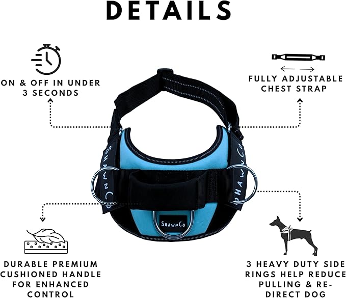 ShawnCo Essential Pro Dog Harness, No-Pull Pet Vest with 3 Leash Clips and Removable, Reflective Side Patches, Adjustable and Padded Harness for Small, Medium and Large Dogs (Electric Blue, S)
