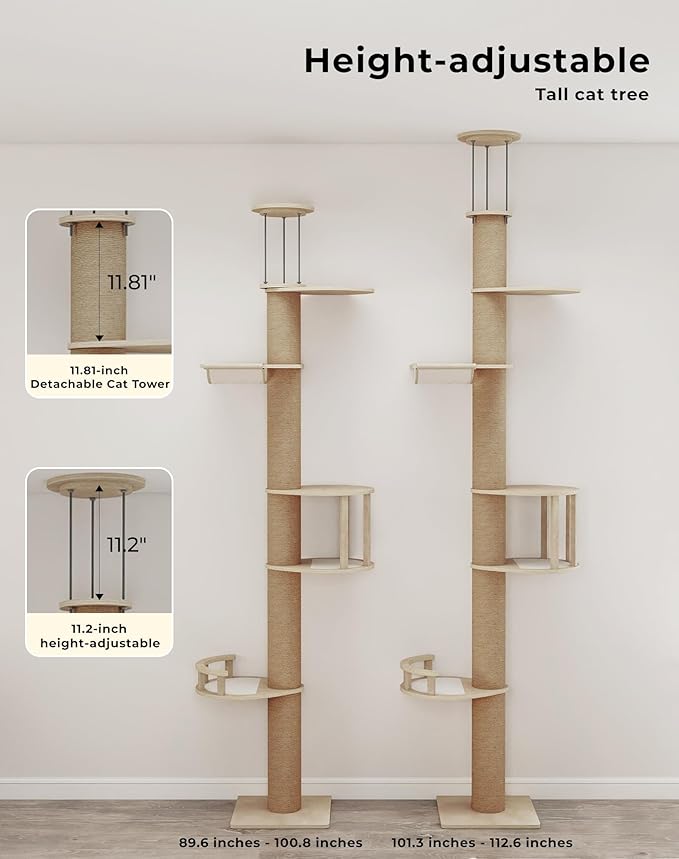 COZIWOW Floor-to-Ceiling Cat Tree, Adjustable (89-112 inches), Sturdy 5-Tier Tower for Large Cats. Features 4.33" Scratching Posts, Hammock, Platforms. Saves Space, enriches Indoor Play.