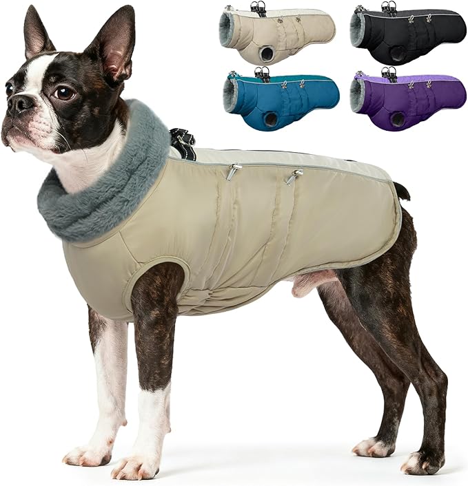 IDOMIK Warm Dog Coat with Harness, Waterproof Reflective Dog Jackets for Small Medium Large Dogs, Fleece High Collar Winter Jacket with Zipper, Pet Winter Snowsuit Clothes for Cold Weather,Khaki S