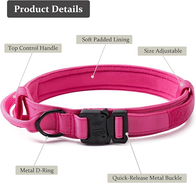 Tactical Dog Collar, Adjustable Military Training Nylon Dog Collar with Control Handle and Heavy Quick-Release Metal Buckle for Small Medium Large Dogs,Pink S