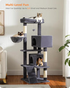PEQULTI 56.3'' Cat Tree for Large Cats with Super Large Top Perch, Tower for Indoor Cats with Hammock and Sleeping Bag, Cat Shelves with Scratching Posts and 2 Condos Houses Dark Grey