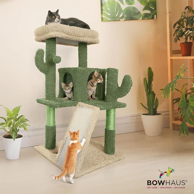Cactus Cat Tower, 37-Inch Multi-Level Cat Activity Tree with Scratching Posts, Ramp & 2-Door Cat Cave Condo