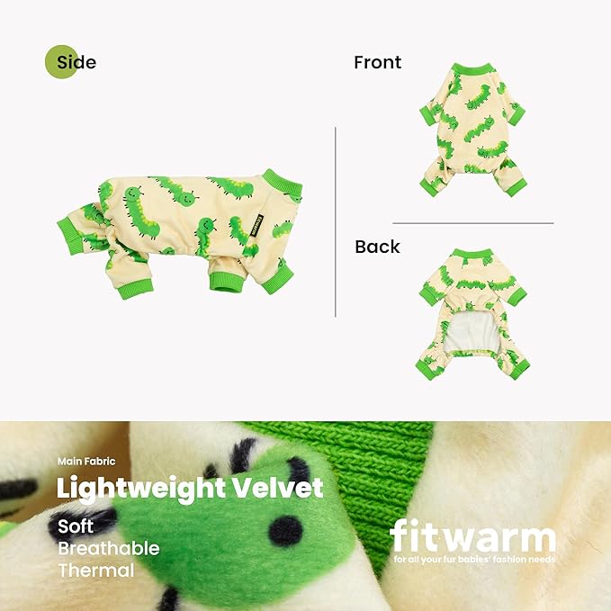 Fitwarm Caterpillar Dog Fleece Pajamas, Cozy Clothes for Small Dogs Boy Girl, Funny Pet Onesie, Beige, Green, XS