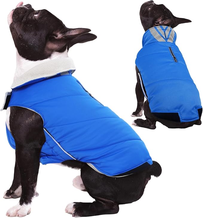 Kuoser Dog Coat Small, Cold Weather Reflective Waterproof Dogs Jacket with Warm Fleece Lining, Turtleneck Dog Winter Coat with Zipper, Doggy Snow Jacket Pet Coats for Small Medium Large Dogs, Blue S