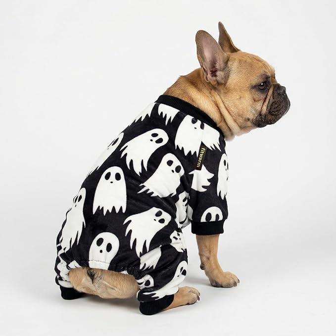 Fitwarm Halloween Ghost Dog Pajamas, Funny Halloween Costumes for Dogs, Fleece Dog Onesie with Feet, Doggy Clothes for Small Dogs Boy Girl, Pet Apparel, Black, White, Large