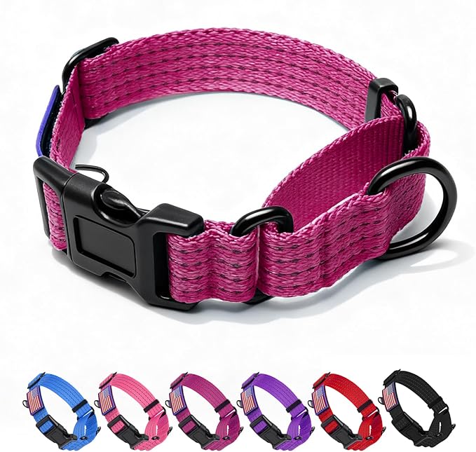 Martingale Collar for Dogs, Reflective Heavy Duty with Quick Release Nylon Buckle-USA Flag-No Pull Training Choker for Walking, Training, Hot Pink,M