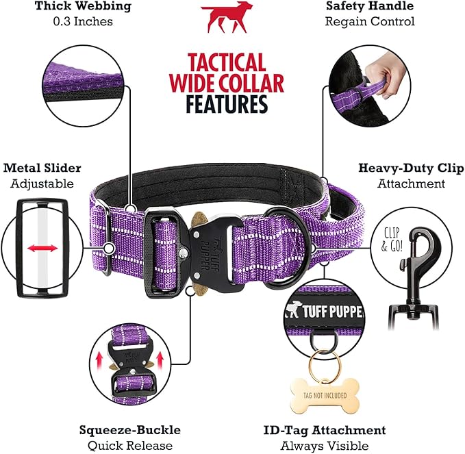 Tuff Pupper Tactical Dog Collar with Handle | Heavy Duty Adjustable Dog Collar | Military Nylon Collar for Large Dogs | Quick-Release Buckle | Soft Padded Comfort | Training Control (Purple, Large)