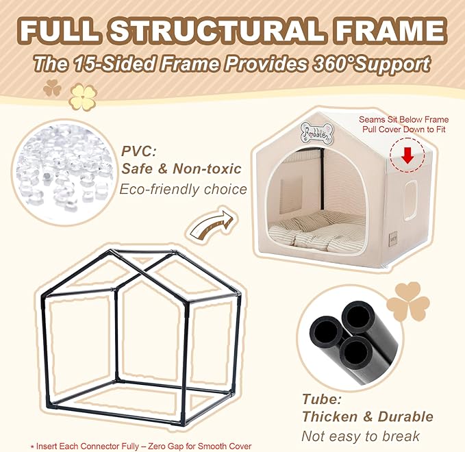 Jiupety Indoor Dog House with Frame, Cute Dog Tent Bed with Cover Cave, Breathable, Washable, and Foldable House, Suitable for 10-20 Lb Puppy and Cats, Medium (17"×17"×17"), Beige