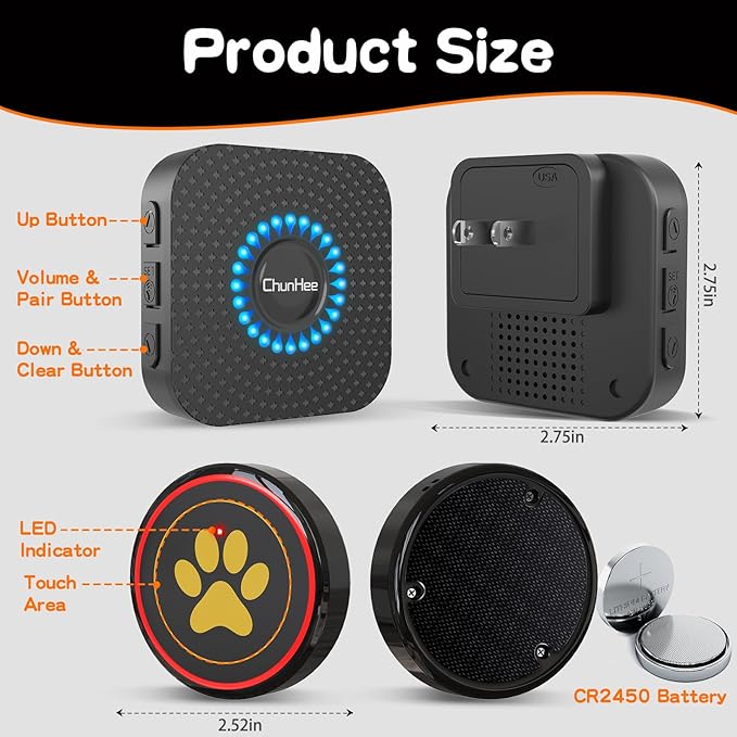 ChunHee Dog Bells to Go Outside,Dog Door Bell for Dogs to Ring to Go Outside,Bells for Dog Training to Go Outside,Dog Bell with Adjustable Volume,1 receivers & 1 Dog Buttons [Black, New 2024]