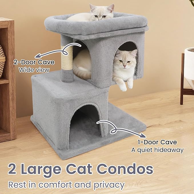 Tangkula Small Cat Tree for Indoor Cats, 25.5 Inch Cat Tower with Sisal Scratching Posts, 2 Large Cat Condos with Padded Top Perch, Modern Cat Climbing Furniture for Adult Cats & Kittens (Light Gray)