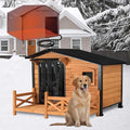 Heated Dog House for Outdoor Use with Matel Frame, Waterproof Design & Heating Blanket - All-Weather Wooden Kennel with Sliding Window & Metal Frame (Wood-H, L)