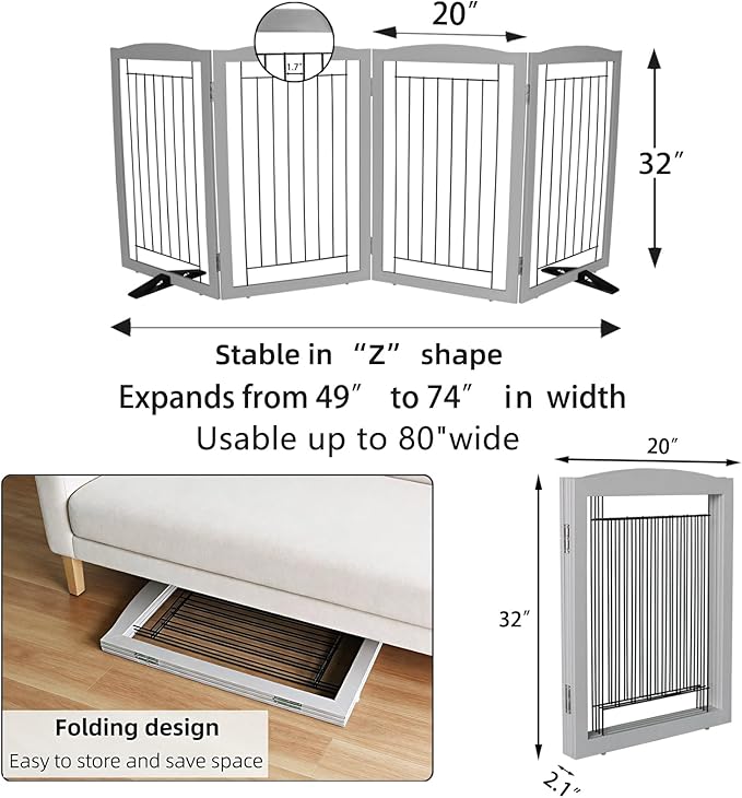 Dog Fence Indoor,Dog Gate Indoor for Doorway pet gate -4-Panel Freestanding, Hallways, House or Stairs -80x32-Inch Retractable Foldable Expandable Wood Pet by SFJC (Grey) ﻿