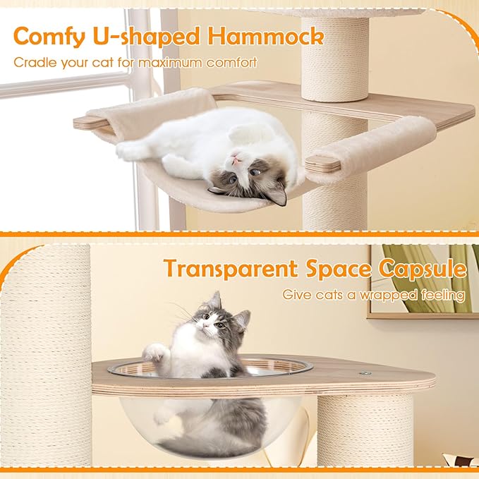 PETSITE 69 Inch Tall Wood Cat Tree, Multi-Level Modern Cat Tower with 5.7 inch Scratching Posts, Double Cat Condos, Space Capsule, Hammock, Large Wooden Cat Tree Tower for Indoor Cats, Natural