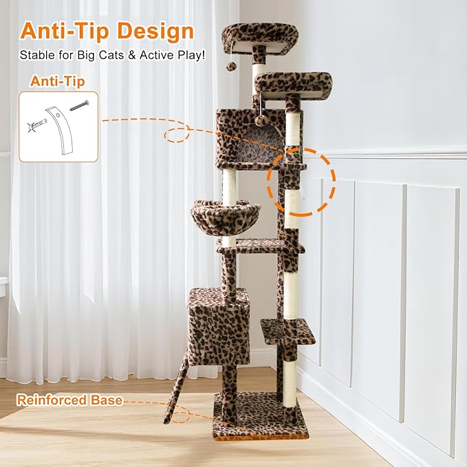 82" Tall Cat Tree,Giant Cat Tree for Indoor Cats Large Adult, Heavy Duty Cat Tree Tower, Extra Large Cat Trees with Scratching Posts, Cat Condos, Hammock,Top Perch,Ramp (Leopard)