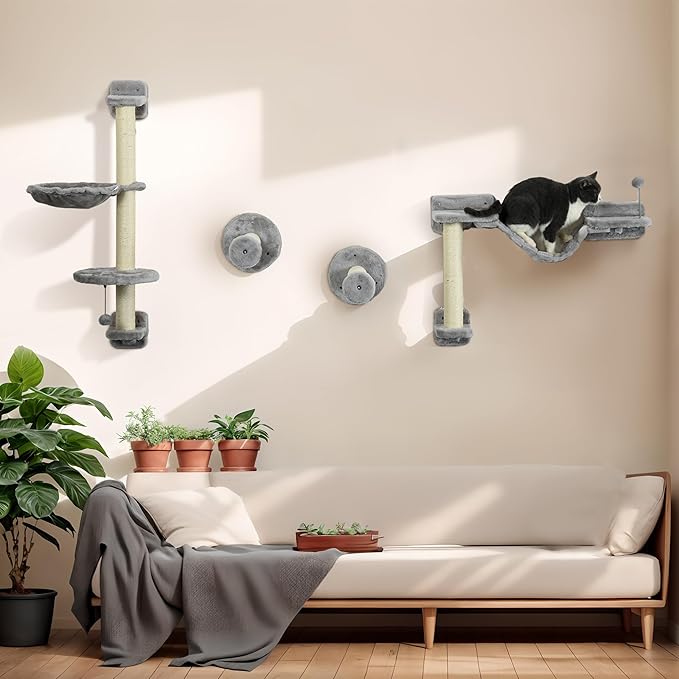 PawHut 4Pcs Wall Mounted Cat Shelves, Cat Climber with Hammock, Perches, Ladder, Scratching Post, Cat Wall Furniture for Large Cats, Grey