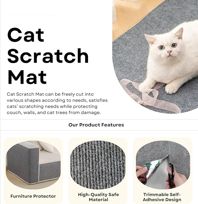 Cat Scratch Mat,Furniture Protector, 39.3"x15.8" Trimmable Self-Adhesive Cats Scratch Carpet, DIY Climb Cat Scratch Mat for Couch Furniture or Wall Protector (Cream White)