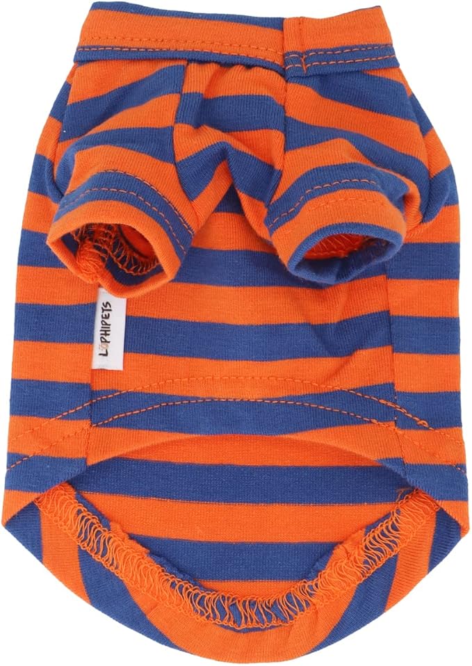 LOPHIPETS 100% Breathable Cotton Striped Dog Tee Shirt T-Shirt for Small Dogs Teacup Chihuahua Yorkie Puppy Clothes -Orange and Blue Strips/XS