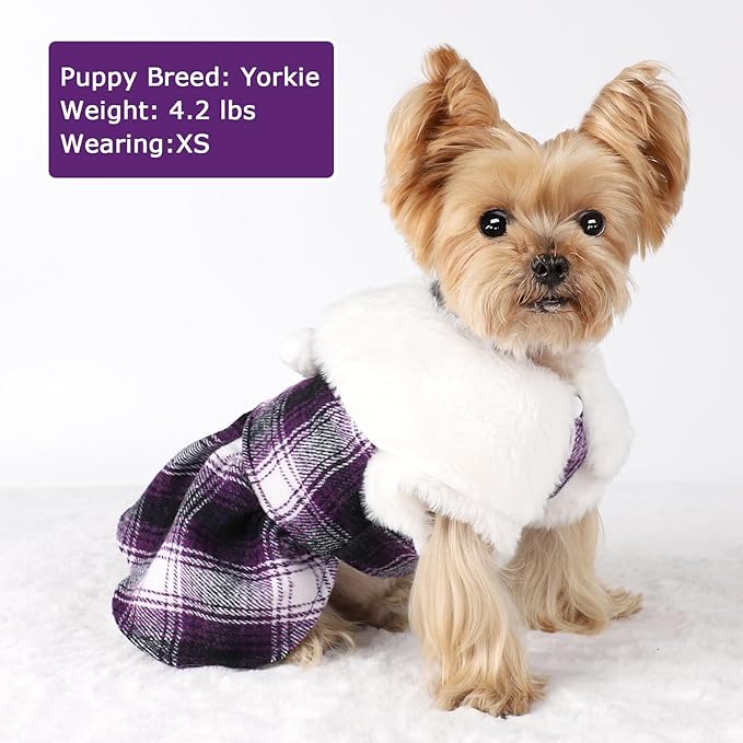 Dog Sweater with Leash Set Plaid Fleece Dog Clothes for Small Dogs Girl Boy Winter Pet Dress Cold Weather Coat Fall Sweater for Chihuahua Yorkie Cat Puppy Costumes (Purple, X-Small)