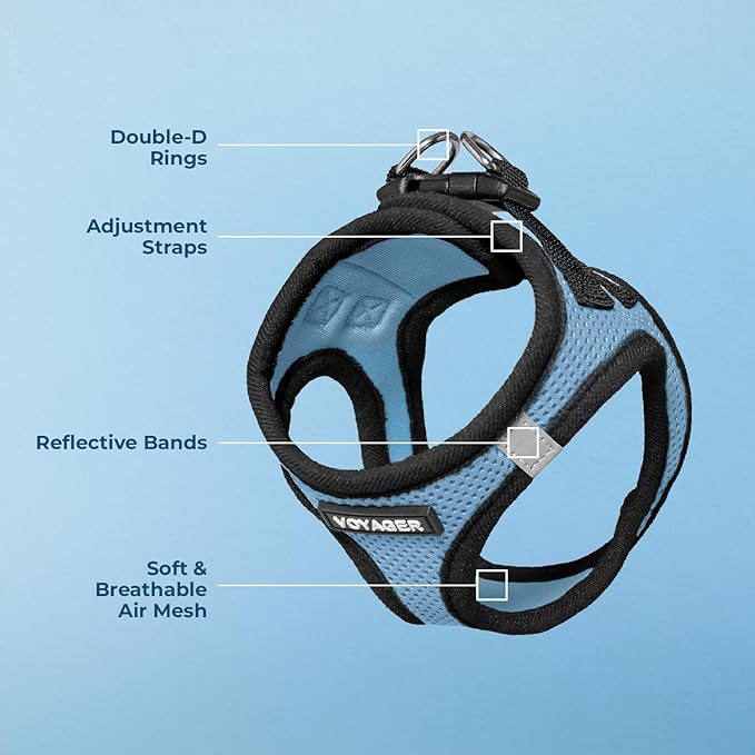 Best Pet Supplies - All Weather Mesh / Plush, Reflective, No Pull Harness for Small, Medium Dogs, Cats - Secure with Hook & Loop Fastener, Buckle, Double D-Rings - Baby Blue/Black Trim, L