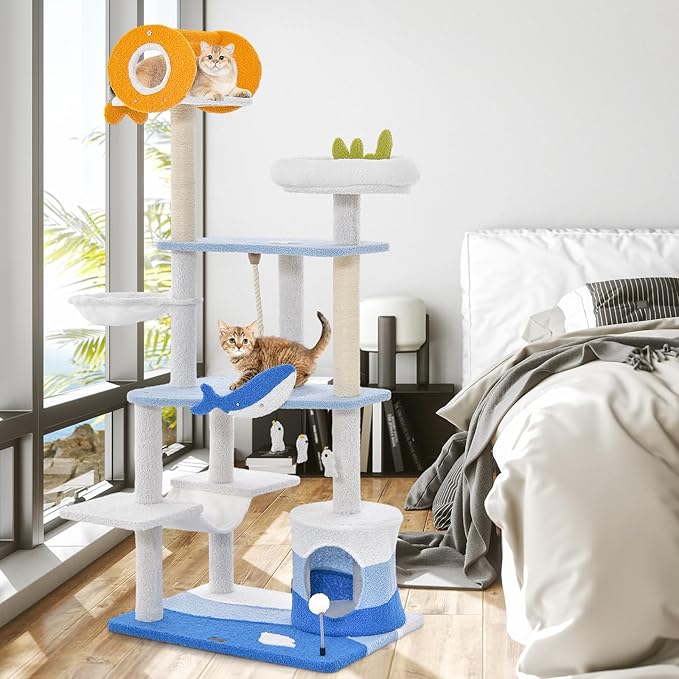 PETSITE Ocean-Themed Cat Tree for Indoor Cats, Multi-Level Cat Tower with Natural Sisal Scratching Posts, Hanging Toys and Padded Top Perch, Modern Cat Tree for Large Cats 20 lbs Heavy Duty (66")