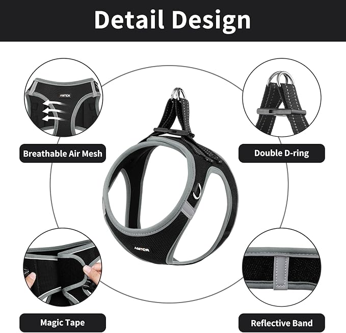 AMTOR Small Dog Harness with Leash Set, No Escape Easy Walk Puppy Harnesses for Training Walking, Step-in Reflective Soft Dogs Vest for XS S Medium Extra-Small Large Sized Dog(XL,Black/Grey)