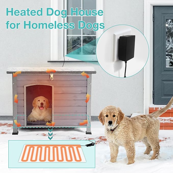 Heated Dog House Outdoor,Anti Bite Iron Frame Dog Kennel with Adjustable Temperature and Time,Insulated Weatherproof Outside Shelter for Feral Animal (Grey, M)