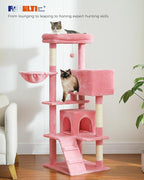PEQULTI 56.3'' Cat Tree for Large Cats with Super Large Top Perch, Tower for Indoor Cats with Hammock and Sleeping Bag, Cat Shelves with Scratching Posts and 2 Condos Houses Pink
