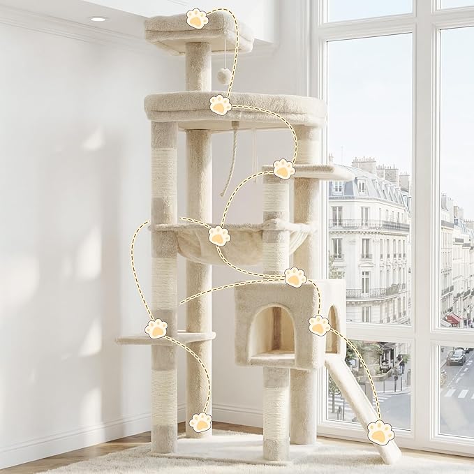 Heybly Heavy Duty Cat Tree, 64.2-Inch Tall Tower for Large Indoor Cats with Widened Structure, Cat Furniture with Big Platforms, Extra-Large Hammock, Sisal Scratching Posts & Board, Beige HCT027M