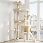 Heybly Heavy Duty Cat Tree, 64.2-Inch Tall Tower for Large Indoor Cats with Widened Structure, Cat Furniture with Big Platforms, Extra-Large Hammock, Sisal Scratching Posts & Board, Beige HCT027M