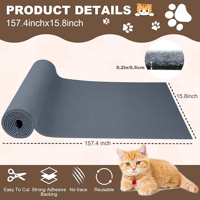 Cat Scratch Furniture Protector, 157.4"x15.8" Cat Scratching Mat, Trimmable Self-Adhesive Cats Claws Scratch Pads, DIY Carpet Mat Replacement for Cats Tree, Cats Wall Shelves, Grey