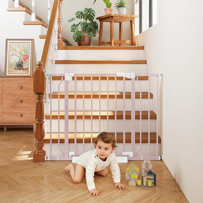 29"-40" Baby Gate for Stairs, Auto Close Stroller Friendly Dog Gate Indoor for Doorways, Pressure Mounted Baby Gate, Easy Walk Through Gate for Children & Pets, Pink