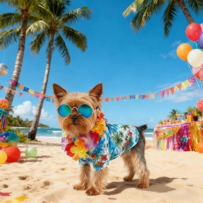 3 Pieces Pet Hawaiian Costume Summer Shirts Sunglasses and Wreath for Small to Medium Dog Cat