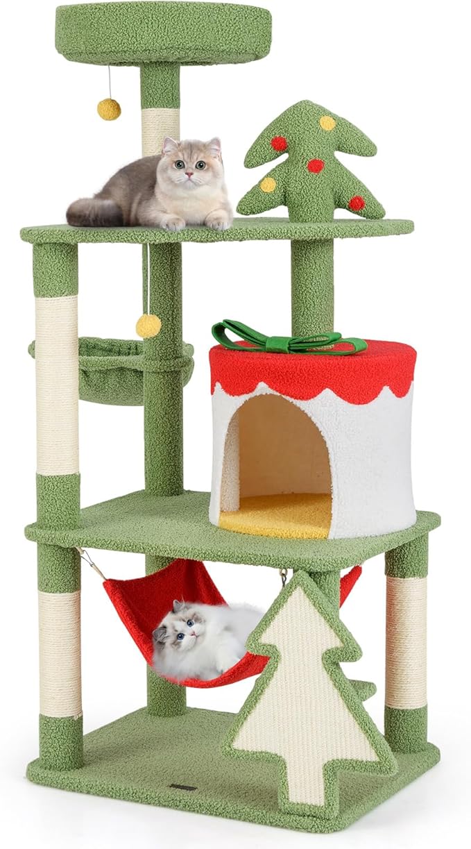 Tangkula Christmas Cat Tree, 52” Tall Cat Tower with Sisal Scratching Posts & Xmas Tree, Plush Perch, Gift Box Shaped Condo, Hanging Toys, Basket Bed, Hammock, Cute Cat Tree Tower Holiday Decoration
