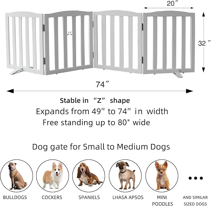 Freestanding Dog Gate Indoor,Doggie Gate Foldable Dog Gates for Doorways,Stairs or Hallways, Wooden White Pet Gate for the House, Pet Fence with Support Feet Included,32 "Height-4 Panels