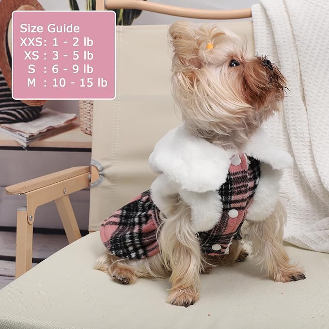 Dog Sweater with Leash Set D Ring Plaid Fleece Dog Clothes for Small Dogs Girl Boy Winter Puppy Dress Cold Weather Coat Fall XXS Sweater for Chihuahua Yorkie Cat Doggy Costumes, Pink, M