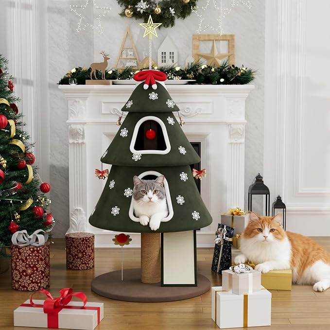 53" Large Christmas Cat Tree Tower: Indoor Green Heavy Duty Cat Condo House with Scratching Post & Toys for Xmas Decorations