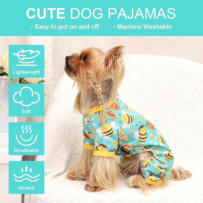 Dog Pajamas Pjs Spring Summer Dog Clothes for Small Dogs Girl Boy, Soft Stretchy Tiny Chihuahua Yorkie Puppy Clothes Doggie Onesies Cat Pet Jammies Outfit, Green Bee, L
