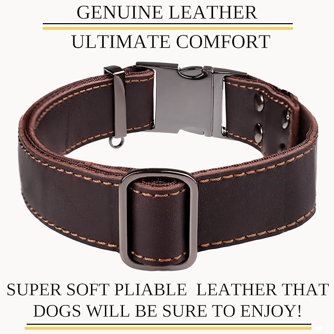 ADITYNA Leather Dog Collar with Metal Buckle - Heavy-Duty, Adjustable for Large & Extra Large Dogs - Walking & Training (Brown, Fits 19-30" Necks)