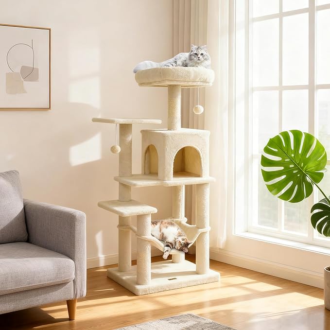 DORTALA Cat Tree for Indoor Cats, 44" Modern Cat Tower with Top Perch, Condo, Hammock, Sisal Scratching Posts, Dangling Balls, Platforms, Multi-Level Pet Climbing Furniture Playground (Beige)