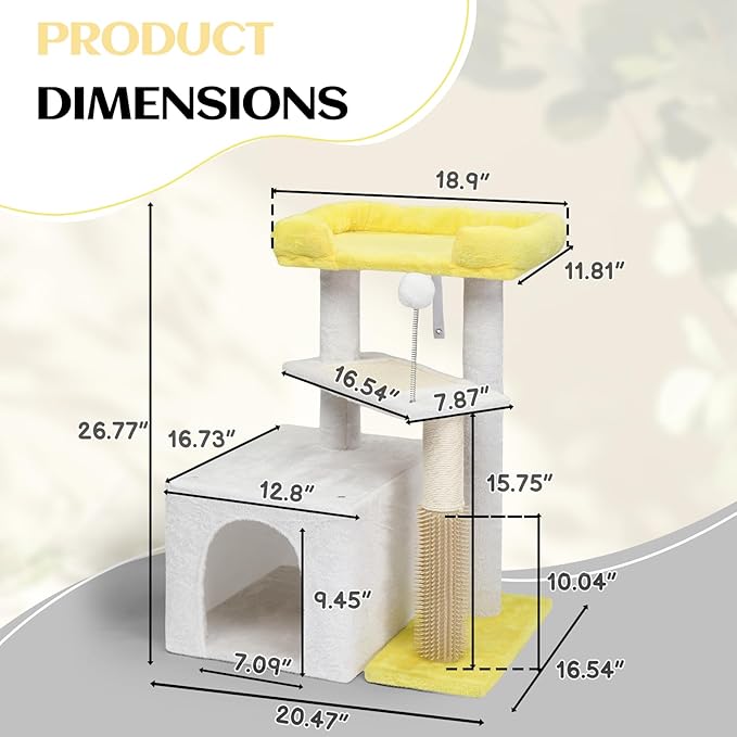 Outvita Cat Tree 27.5in Small Cat Tower, Multi-Level Cat Tree Tower with Cat Scratching Post and Pad, Cozy Cat Condo, Padded Top Bed for Kittens and Indoor Cats, Yellow & White