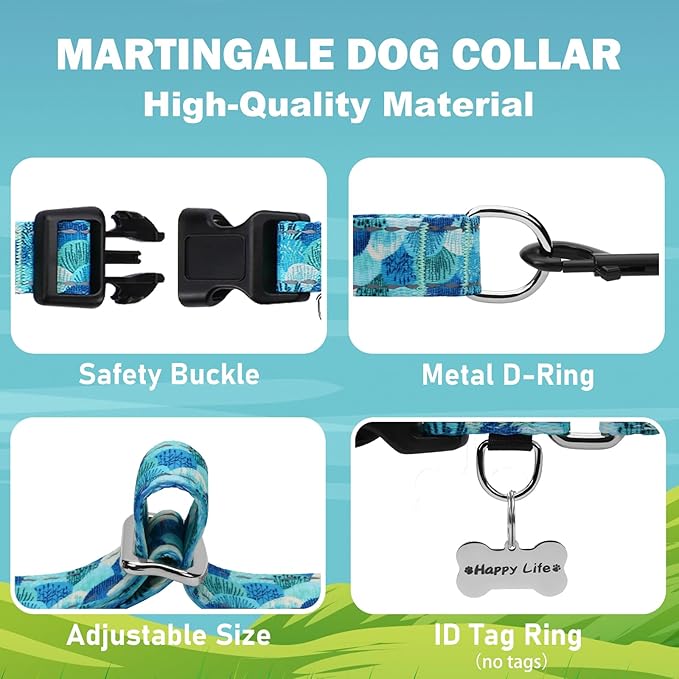 Reflective Martingale Collar with Buckle Adjustable Nylon Training Pet Collars for Medium Dogs (Turquoise Shell, M)