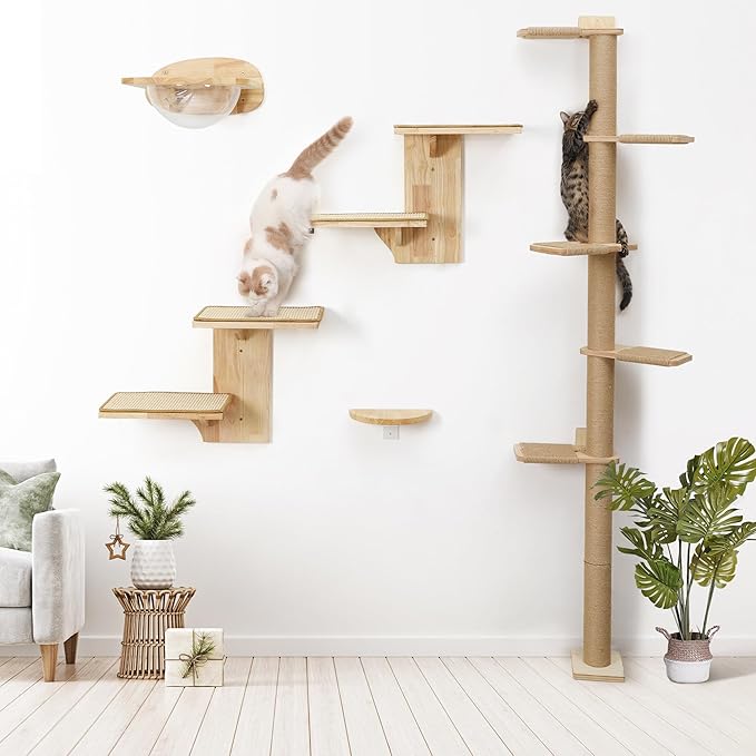 FUKUMARU Wall-Mounted Cat Tree for Small & Medium Cats, 5-Tier Tall Cat Climbing Tower with Scratching Post, Indoor Cat Wall Shelves for Climbing, Scratching & Lookout