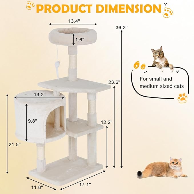 Cat Tree 36 Inch Cat Tower for Indoor Cats with Scratching Post,Padded Perch,Hanging Toys for Kittens & Adult Cats,Beige (Beige)