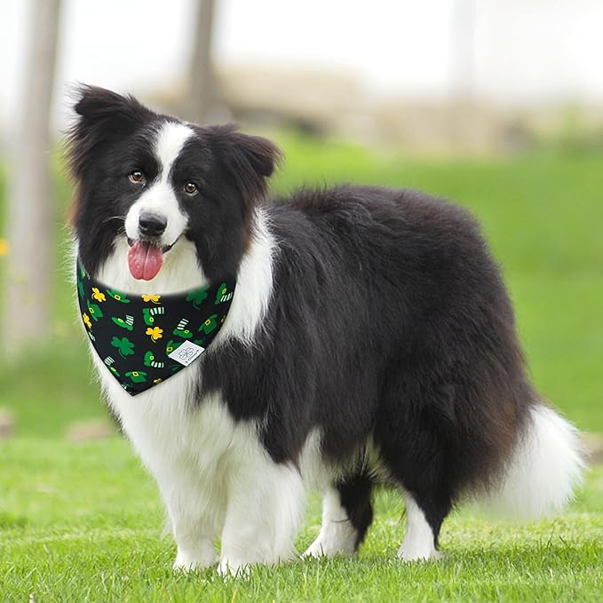 E-Clover St Patrick Dog Bandana Boy & Matching Scrunchie-Shamrock Dog Bandanas Irish Pet Scarf Bib for Medium Large Dogs Girl Owner Gift Dark Green