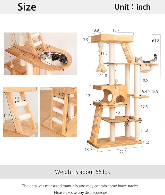 Wood Cat Tree for Large Cat, 62-Inch Tall Cat Tower with Scratching Post for Indoor Cats, Multi-Level Cat Condo with Hand-Woven Cat Bed and Acrylic Bowl Easy to Clean