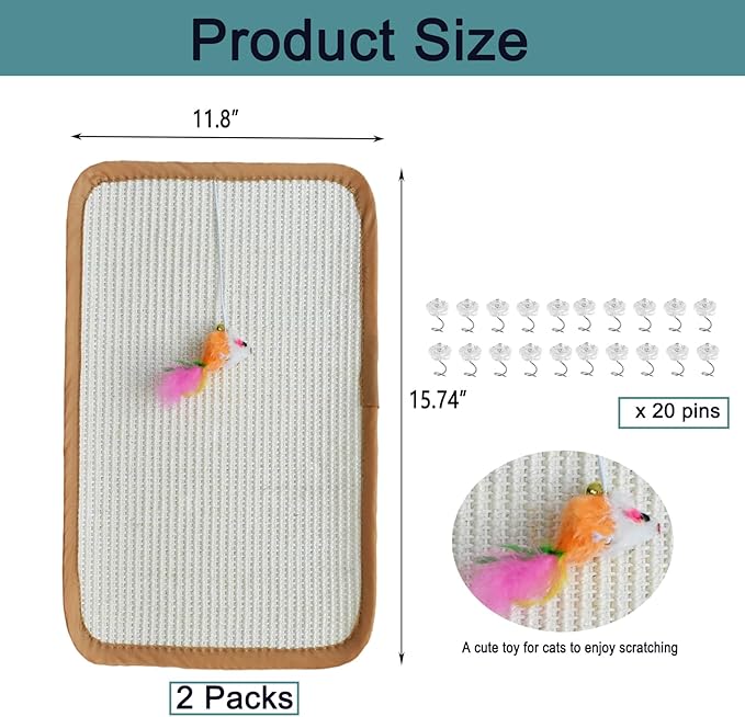 2 Pcs Natural Sisal Cat Scratcher Mat,Cat Scratching Pad with A Play Toy for Protector Fabric Sofa,Wall,Furniture and Door from Kittens Scratching