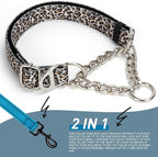 Martingale Collar for Dogs with Chain, Adjustable Soft Durable Choke Collar for Medium Large XL No Pull Training Dog Collars-Brown Leopard M