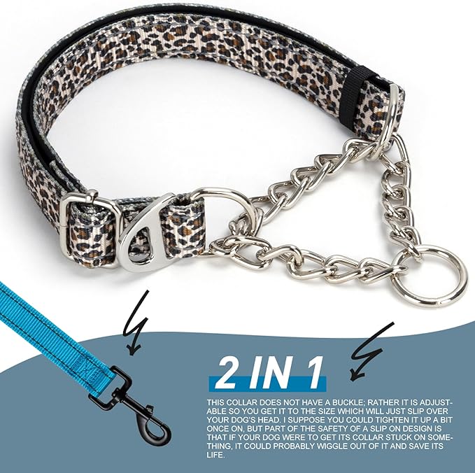 Martingale Collar for Dogs with Chain, Adjustable Soft Durable Choke Collar for Medium Large XL No Pull Training Dog Collars-Brown Leopard XL