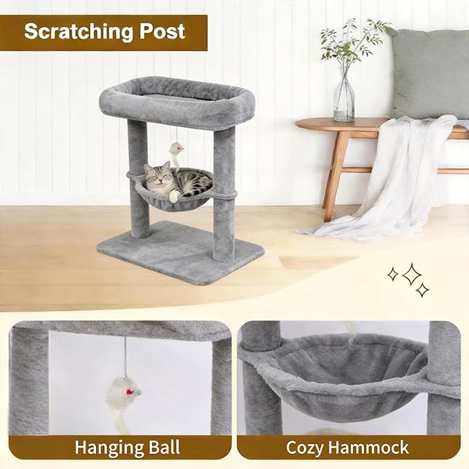 Pawly 24" Cat Tree Tower, Tall Cat Scratching Post with Soft Perch for Window Viewing, Large Bed for Big Cats, Stable & Compact Cat Tower with Hammock, Gray